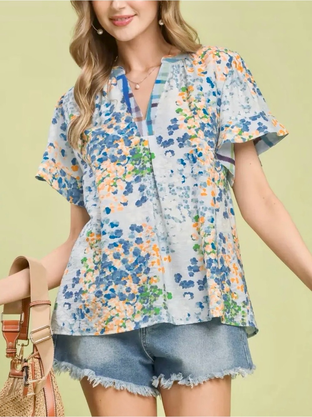 Umgee Light Blue Floral V-Neck Flutter Sleeve Top
